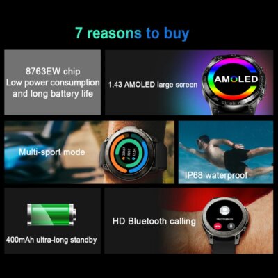 Montre intelligente étanche IP68 pour homme, montre intelligente de natation, écran d'affichage toujours à l'heure – Image 3