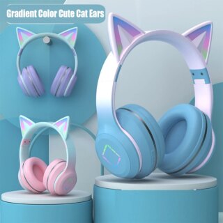 Écouteurs sans fil Bluetooth, lumière LED, dégradé de couleur, oreillettes de chat