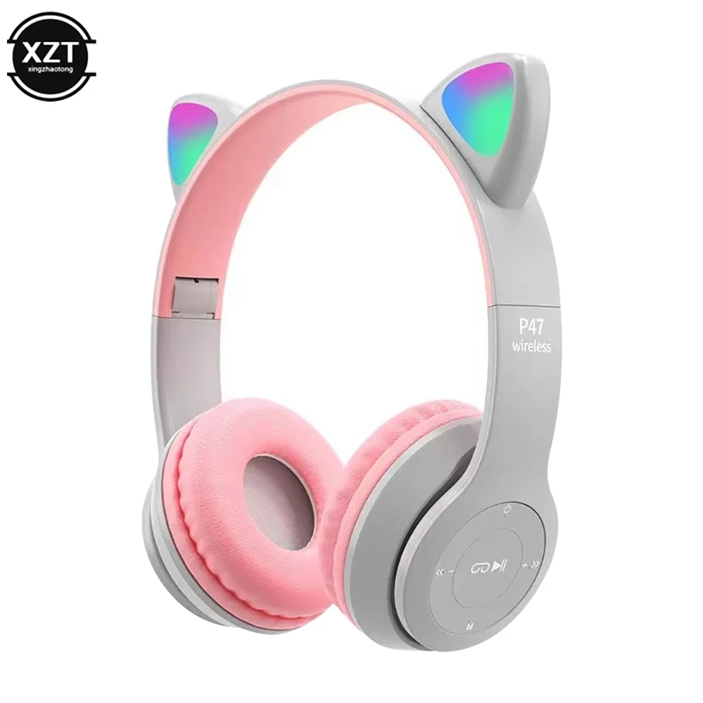 Casque sans fil compatible Bluetooth Cat Ear pour enfants, LED, stéréo, musique