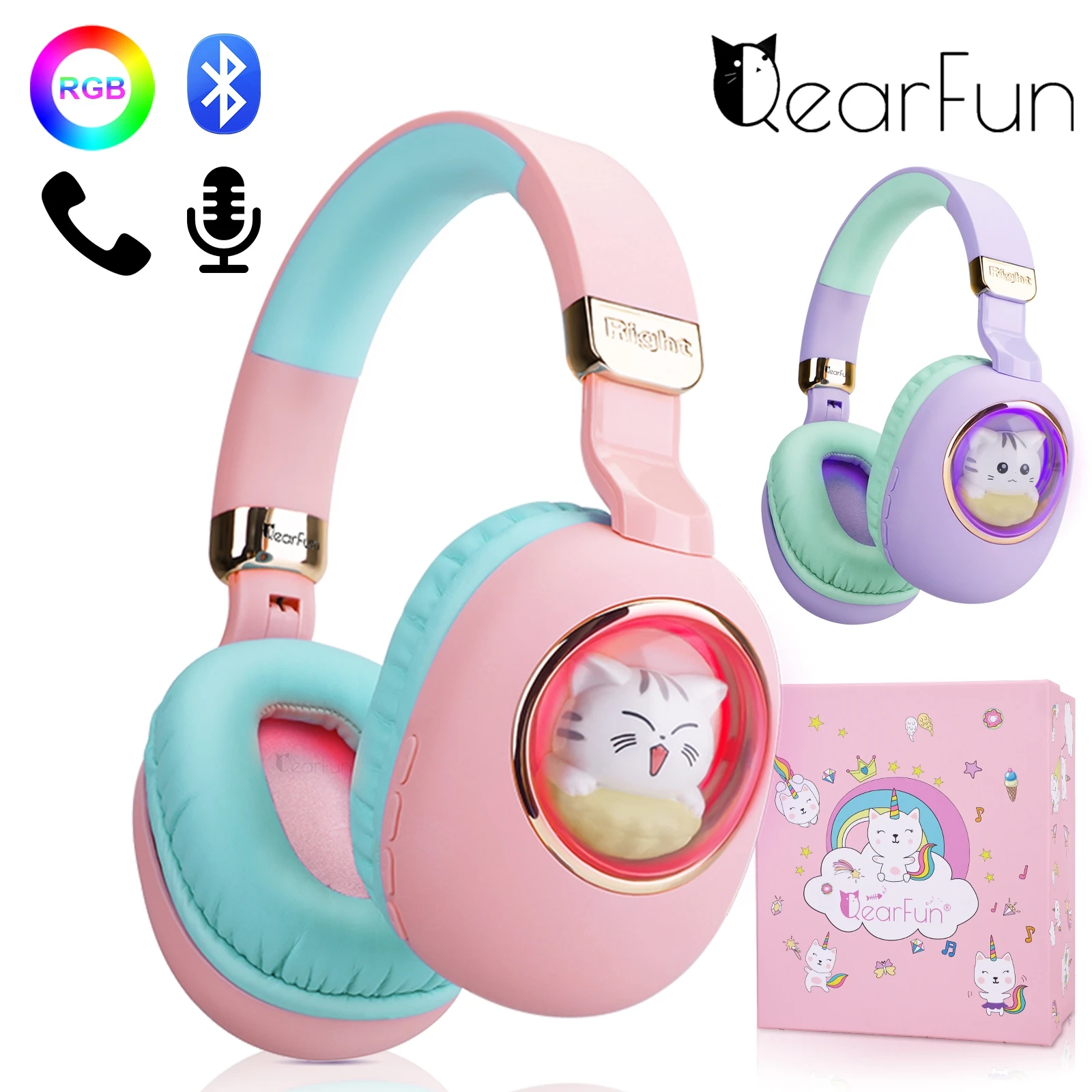 Casque Bluetooth 5.1 avec lumière LED et micro pour enfants, casque chat mignon