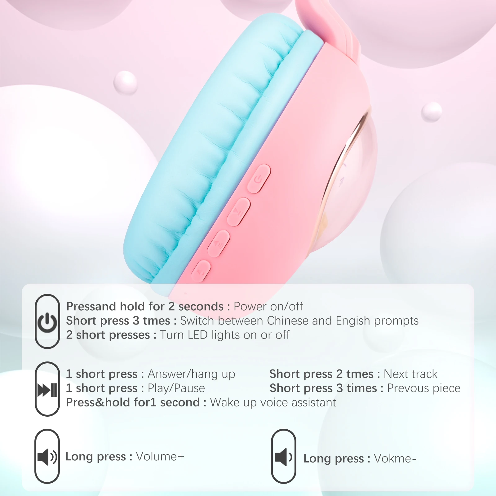 Casque Bluetooth 5.1 avec lumière LED et micro pour enfants, casque chat mignon – Image 5