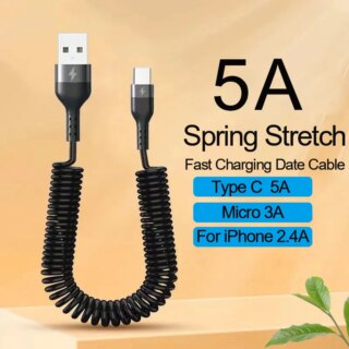 Cable USB à ressort 5A 66W Type C pour recharge rapide et transfert de données