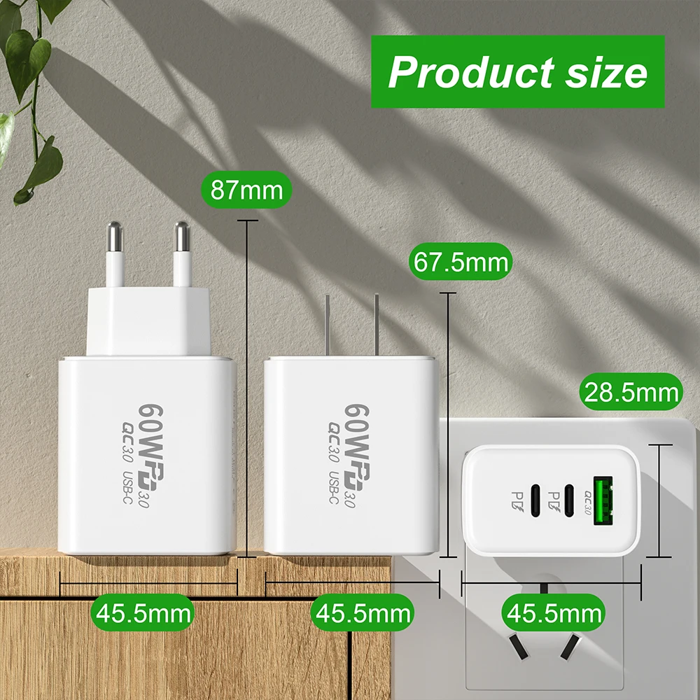 Chargeur de téléphone portable USB C, 3 ports, type C PD, QC3.0, adaptateur mural pour Xiaomi, Samsung S9, iPhone 13, charge rapide, 60W – Image 4