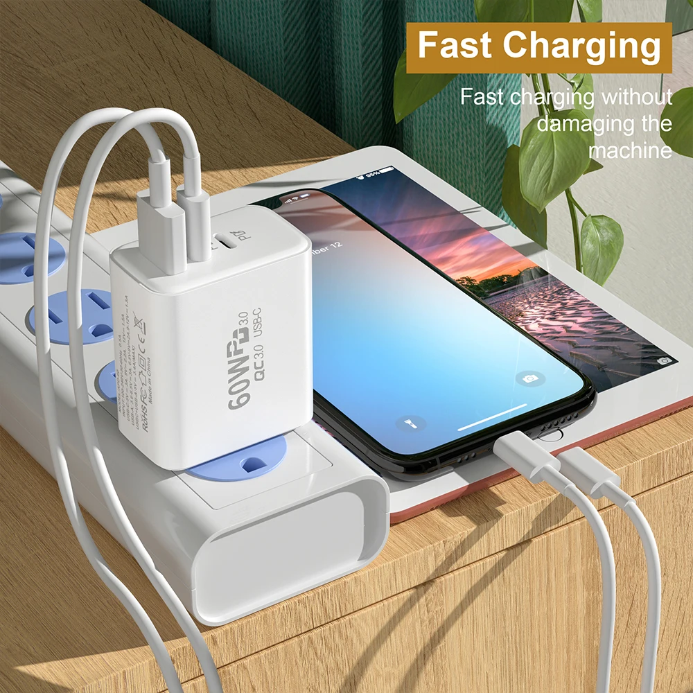 Chargeur de téléphone portable USB C, 3 ports, type C PD, QC3.0, adaptateur mural pour Xiaomi, Samsung S9, iPhone 13, charge rapide, 60W – Image 3