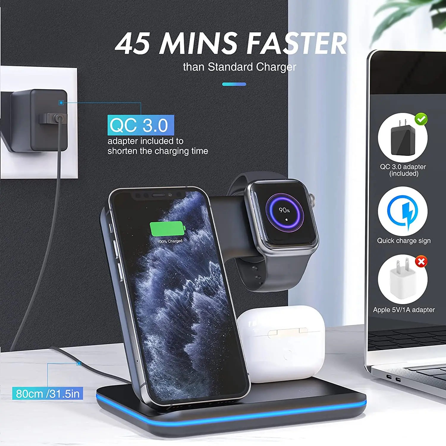 Support de chargeur rapide sans fil, station de charge 3 en 1 – Image 3
