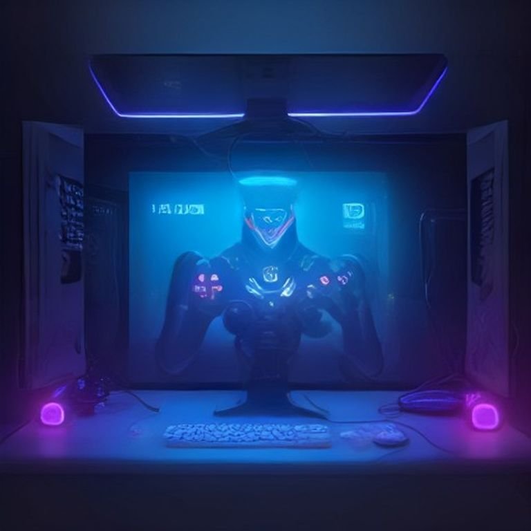 Futuristic gaming setup 2032 with AI controller and RGB lighting